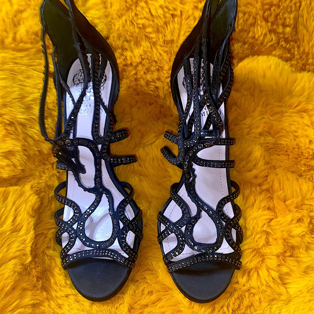 Black Satin Crystal Vince Camuto Sandal Heels Vero Cuoio style